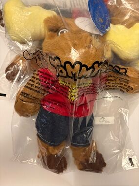 Vintage Tomy Moose Plush Stuffed Animal w/Tags Red Shirt Blue Shorts 1992 by MJC